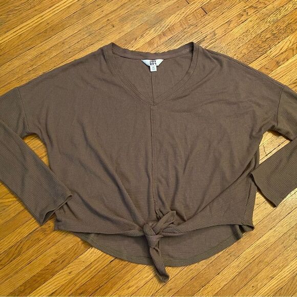 JoyLab brown long sleeve waffle knit tie front top - Picture 1 of 5